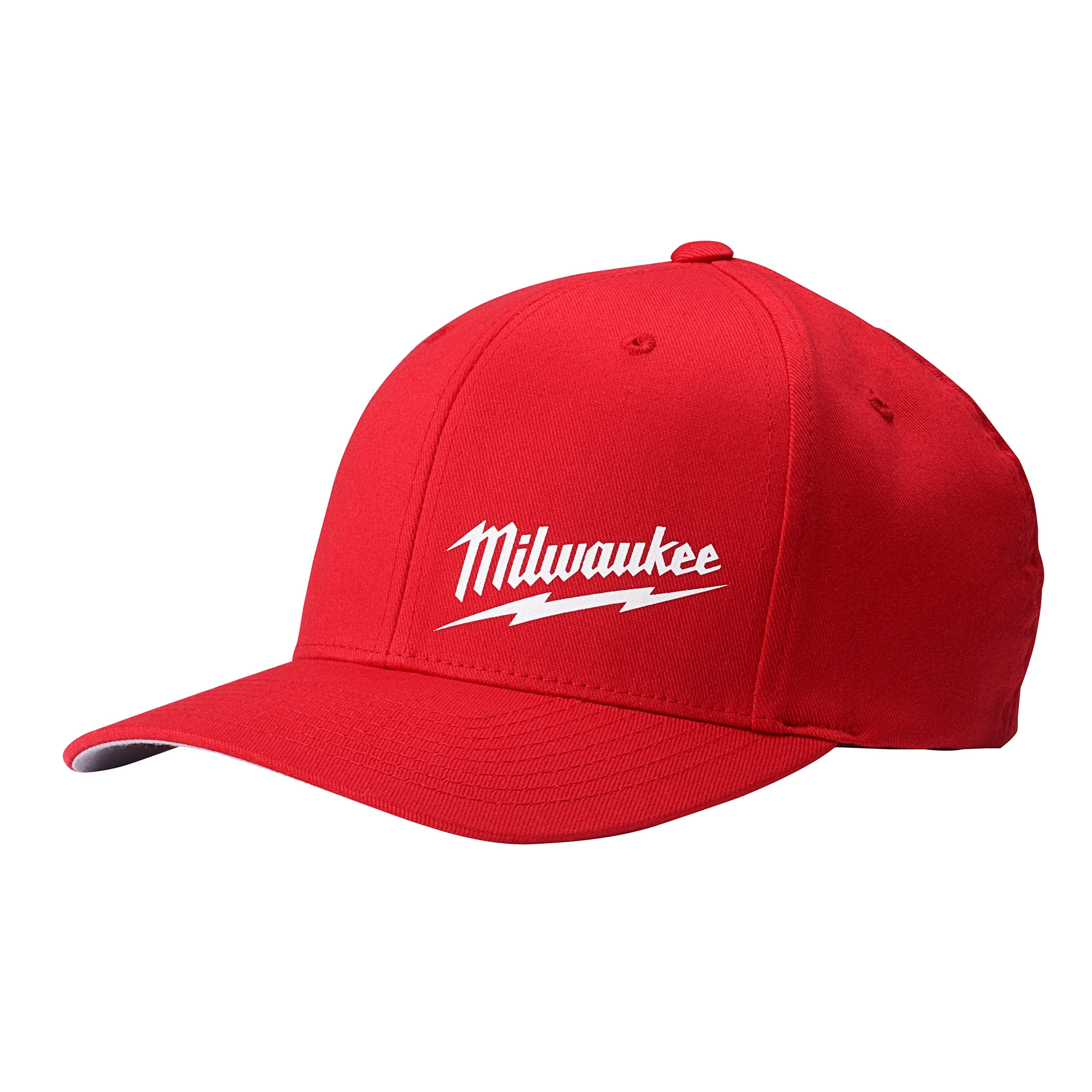 Red Milwaukee fitted hat featuring white embroidered logo in a zigzag design on the front, curved brim, and stitched eyelets.