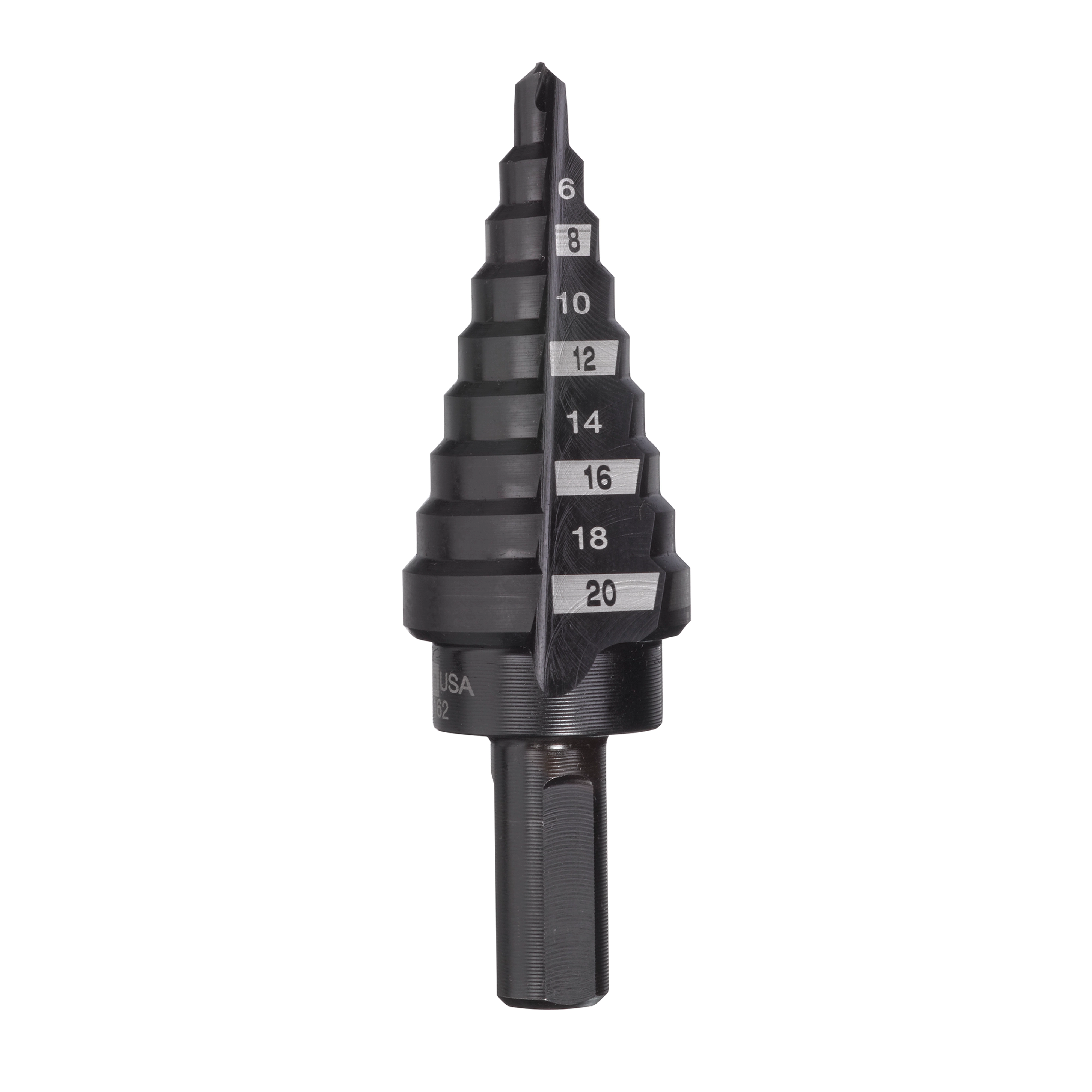 Step Drill Bits Metric 4mm - 20mm with a conical, tiered design for drilling multiple hole sizes. The bit has increments from 4mm to 20mm labeled clearly along its surface. Ideal for metalworking and DIY projects.