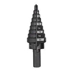 Step Drill Bits Metric 4mm - 20mm with a conical, tiered design for drilling multiple hole sizes. The bit has increments from 4mm to 20mm labeled clearly along its surface. Ideal for metalworking and DIY projects.