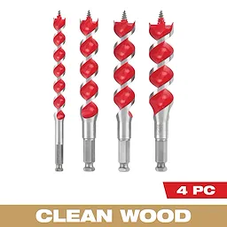 Spur Auger Wood Drilling Bit Set (4-Piece) consists of four spiral bits with red beveled edges. The set is designed for clean wood drilling and is labeled "4 PC" in the bottom-right corner. The words "clean wood" are printed at the bottom in a beige banner.