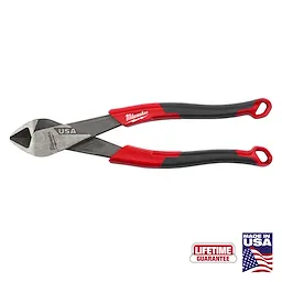 8" Diagonal Comfort Grip Cutting Pliers (USA) with red and black handles, featuring a lifetime guarantee and made in the USA.