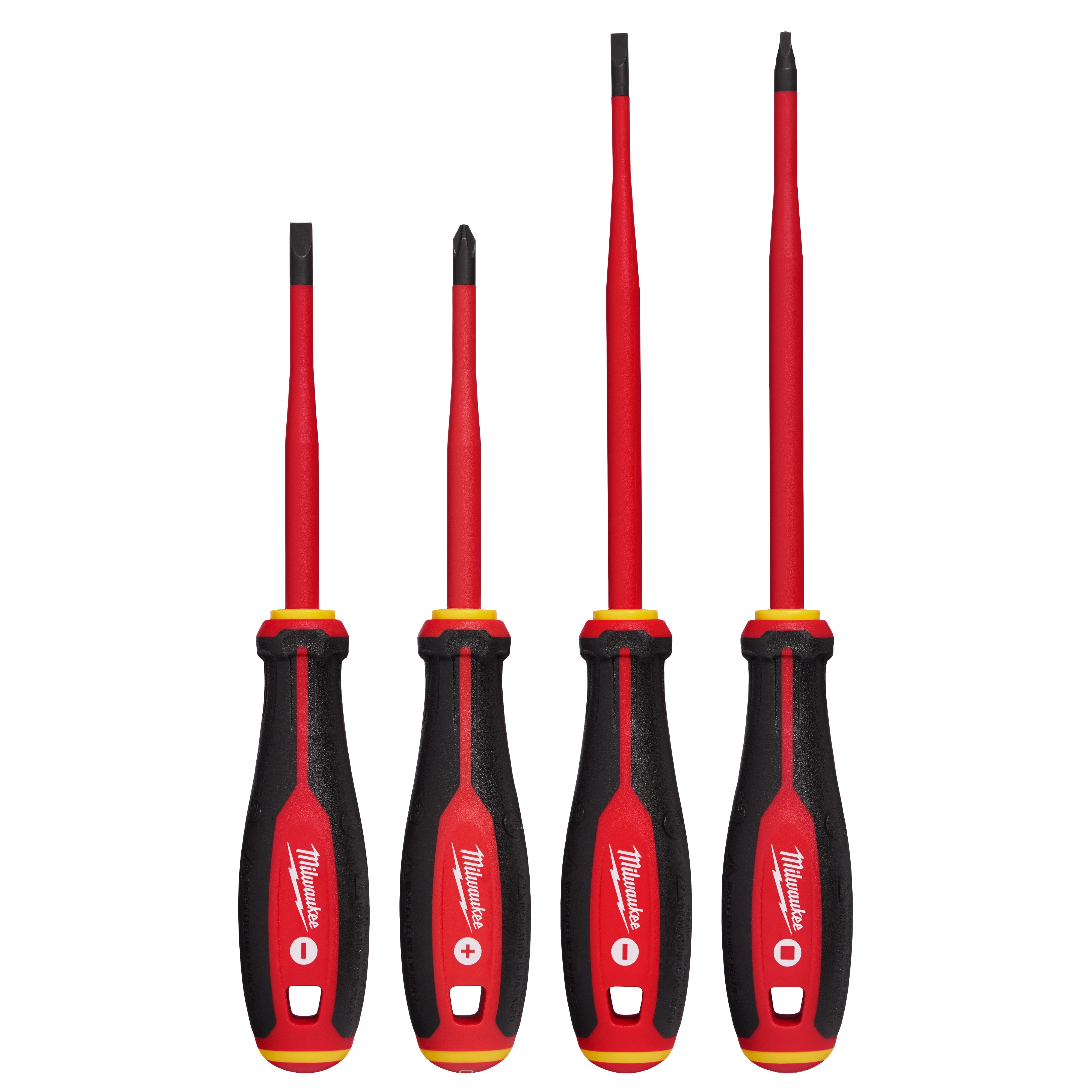 4pc 1000V Insulated Slim Tip Screwdriver Set featuring four red and black screwdrivers with insulated handles for electrical safety.