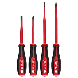 4pc 1000V Insulated Slim Tip Screwdriver Set featuring four red and black screwdrivers with insulated handles for electrical safety.