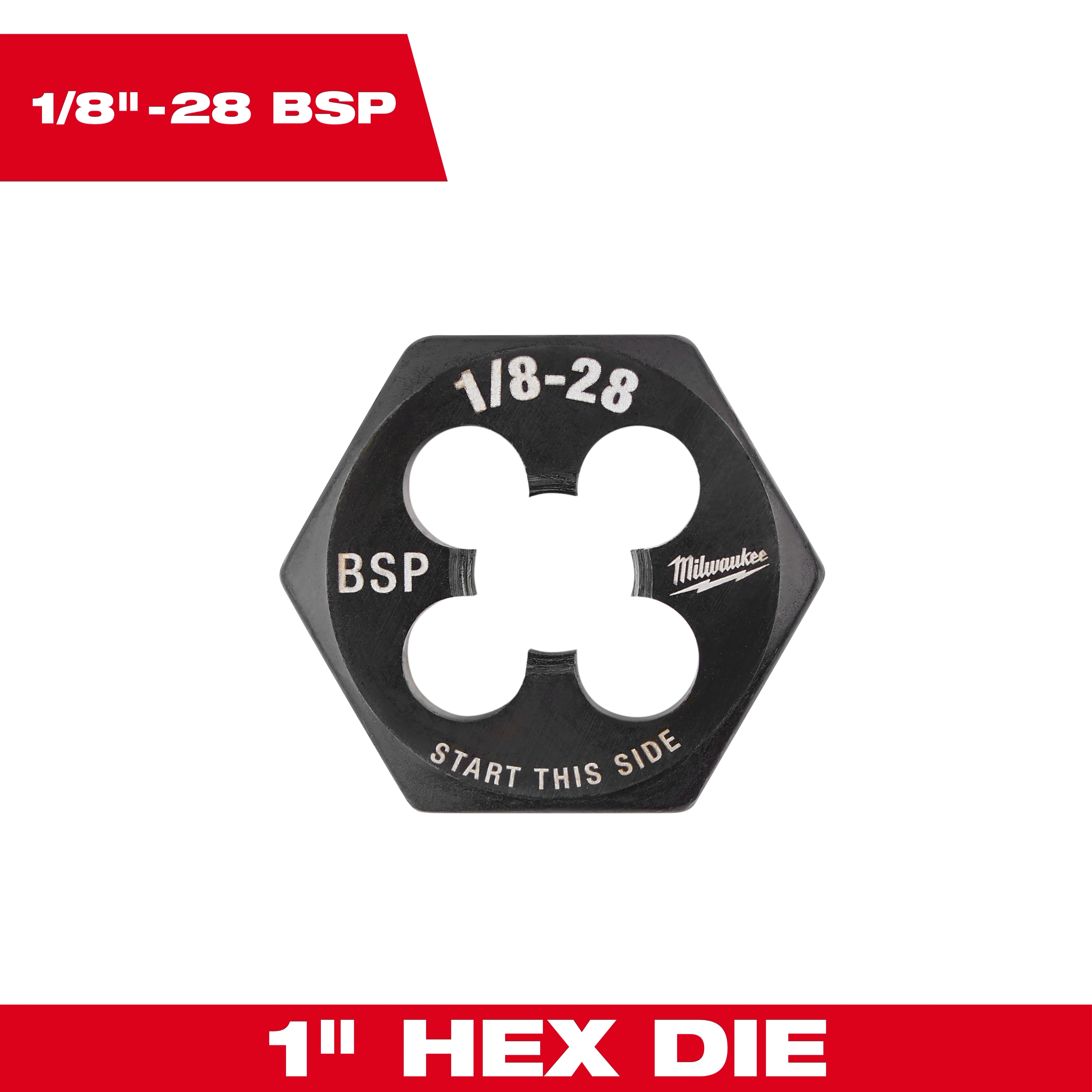 1/8"-28 BSP 1-Inch Hex Threading Die with a black hexagonal shape and center holes, used for threading pipes and rods.