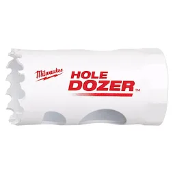Milwaukee Hole Dozer Bi-Metal Hole Saw, 1-1/8 inch to 1-3/16 inch, with sharp teeth and white body featuring red text.