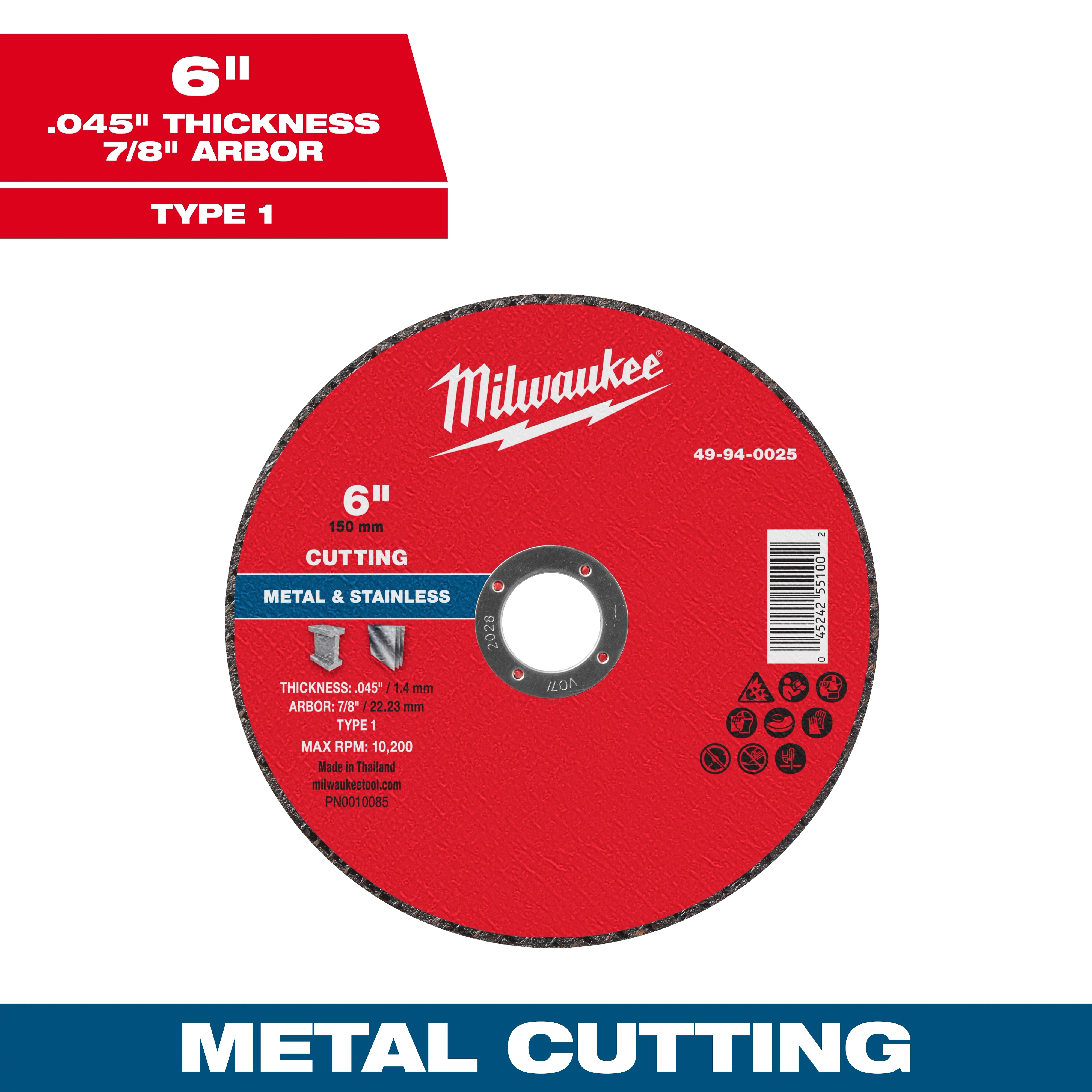 6" x .045" x 7/8" Metal Cut Off Wheel - Type 1 in red, with a 6-inch diameter and 0.045-inch thickness for cutting metal and stainless steel.