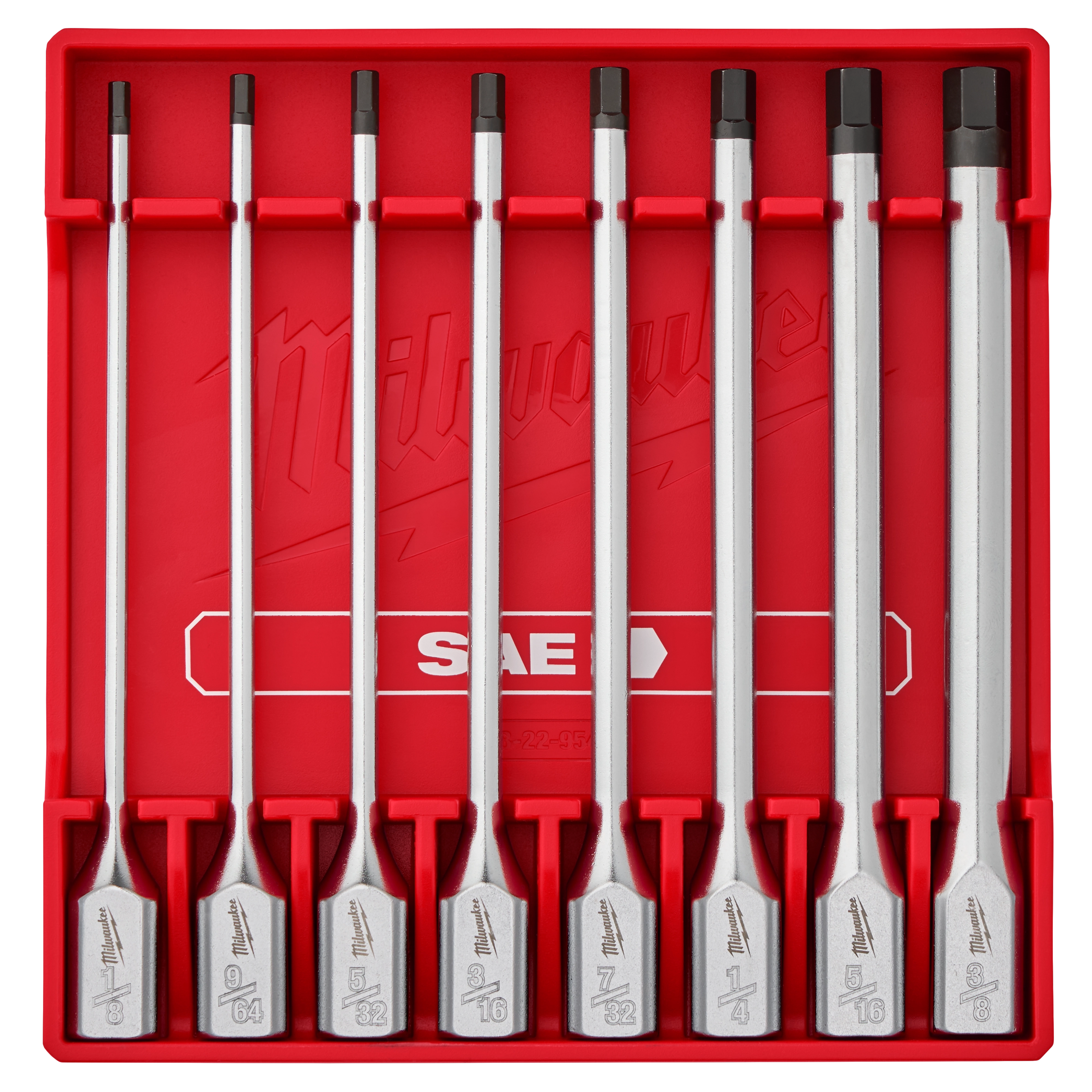 8pc 3/8” Drive Long Hex Bit Socket Set - SAE includes eight sockets of various sizes, organized in a red plastic tray. The sizes range from 1/8 to 3/8 inch.