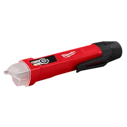 Dual Range Voltage Detector is a red electronic device with a black clip, designed to measure voltage. The brand name is written in white letters on the side. The tip of the device is transparent, indicating its functionality. It features high and low voltage indicators on the front.