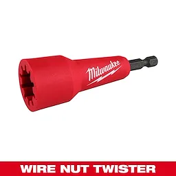 The Wire Nut Twister by Milwaukee is a red tool designed for securely fastening wire nuts. Its compact, conical shape features a hexagonal fitting at one end for drill attachment. Below the product, text reads "Wire Nut Twister" on a red background.