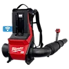 The image shows the MX FUEL™ Backpack Blower by Milwaukee, featuring a red and black design with a sturdy backpack frame, a flexible hose, and a control handle.