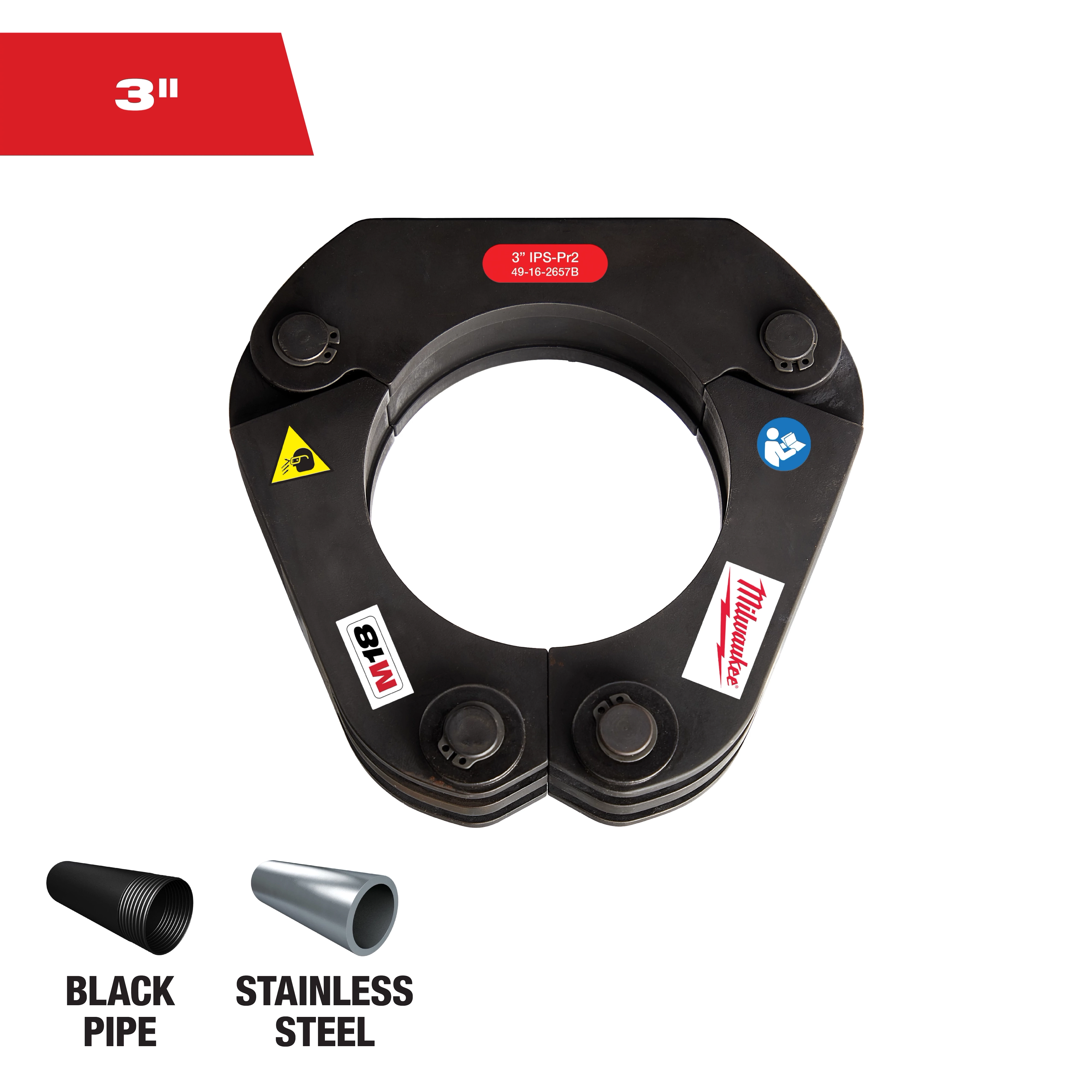 3" IPS-Pr2 Press Ring for M18 Long Throw Press Tool. Compatible with black pipe and stainless steel, featuring brand logo.