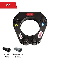 3" IPS-Pr2 Press Ring for M18 Long Throw Press Tool. Compatible with black pipe and stainless steel, featuring brand logo.