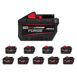 M18 REDLITHIUM FORGE HD12.0 Battery (10 Pk) displayed with one large and nine smaller identical batteries