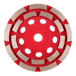 Image of a 4-1/2" DIAMOND MAX™ Double Row Diamond Cup Wheel. The red disc features two rows of silver-gray diamond segments and several circular holes near the center for attachment to a grinder.