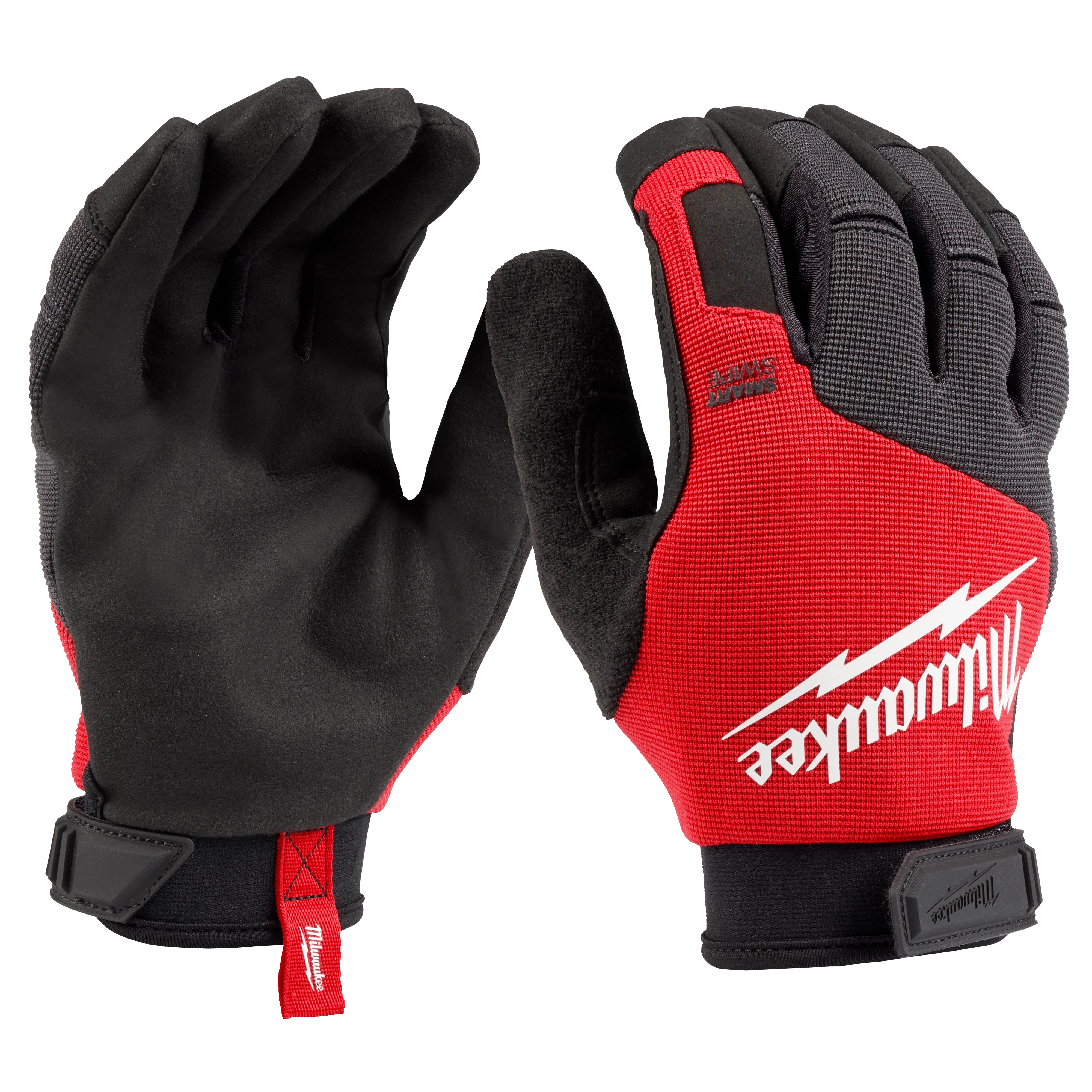 Lightweight Work Glove featuring a red and black design with reinforced knuckles. One glove shows the palm, and the other shows the logo.