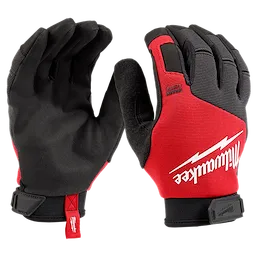 Lightweight Work Glove featuring a red and black design with reinforced knuckles. One glove shows the palm, and the other shows the logo.