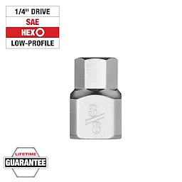 1/4" Drive 3/8" Low-Profile Hex Bit Socket in silver finish with 3/8" marking, lifetime guarantee badge, and SAE Hex label.