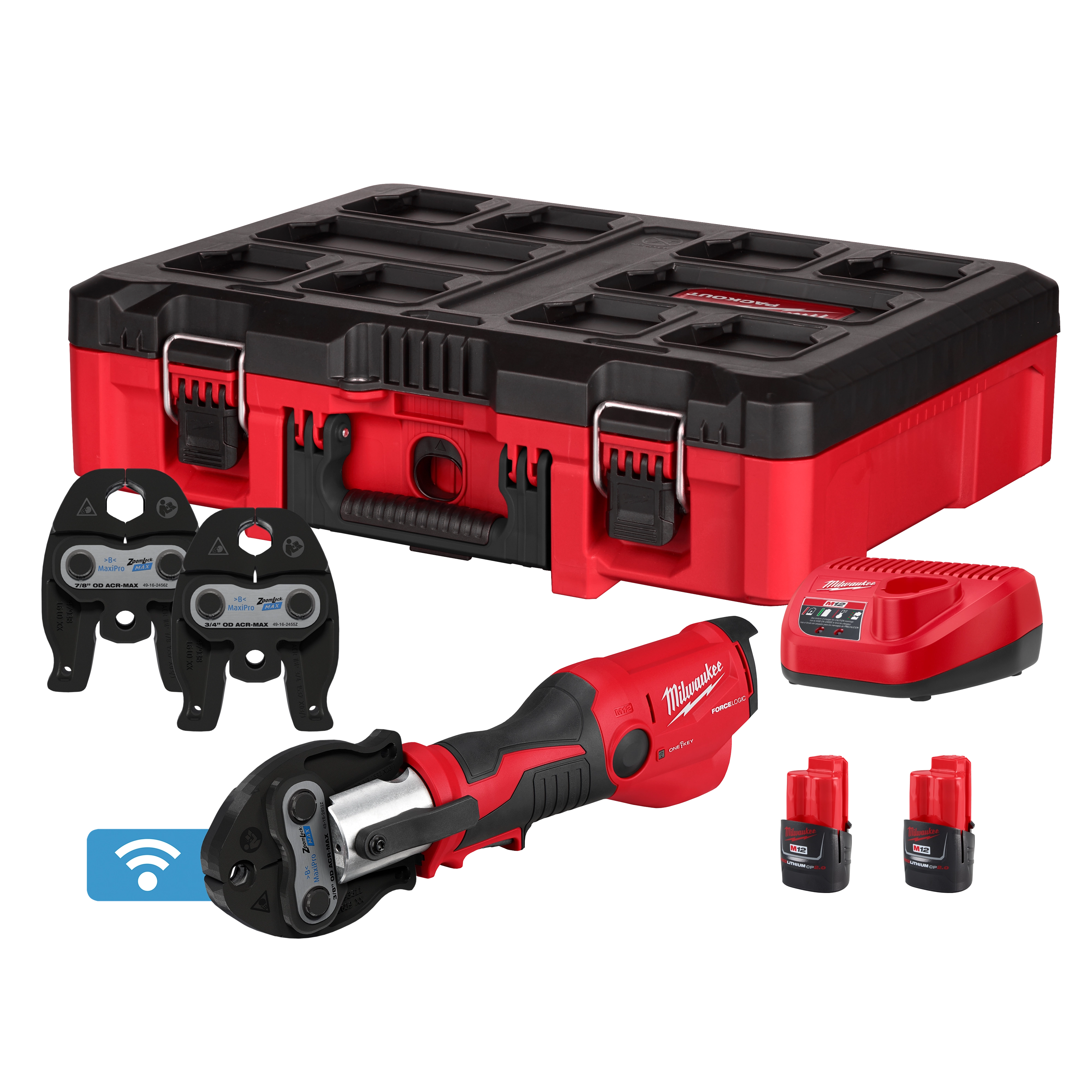 M12 FORCE LOGIC PRESS TOOL KIT w/ ONE KEY with 3/8", 3/4", & 7/8" ZoomLock MAX & >B< MaxiPro Press Jaws, case, and batteries.