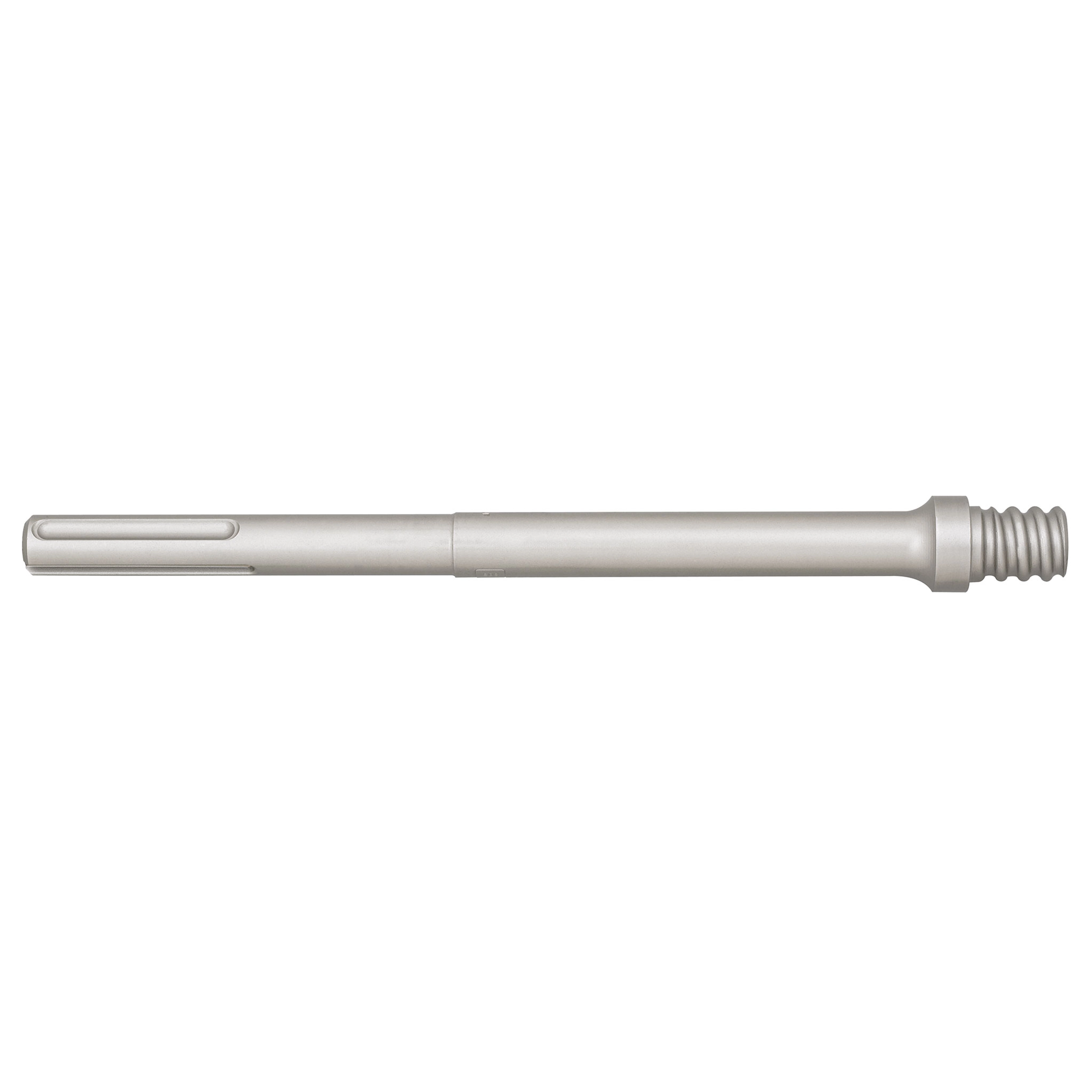 SDS Plus Thin Wall Core Bit Adapter Shank is a silver, cylindrical tool with a slotted end and threaded tip. Designed for connecting core bits to drills, it facilitates precise drilling in masonry and concrete. Sleek and durable, it ensures optimal performance in professional construction tasks.