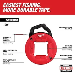 100' POLY W/ FLEX LEADER FISH TAPE features a flexible metal leader, high flexibility tape, triple strand design, multi-position handle, square inner grip, and low friction case.