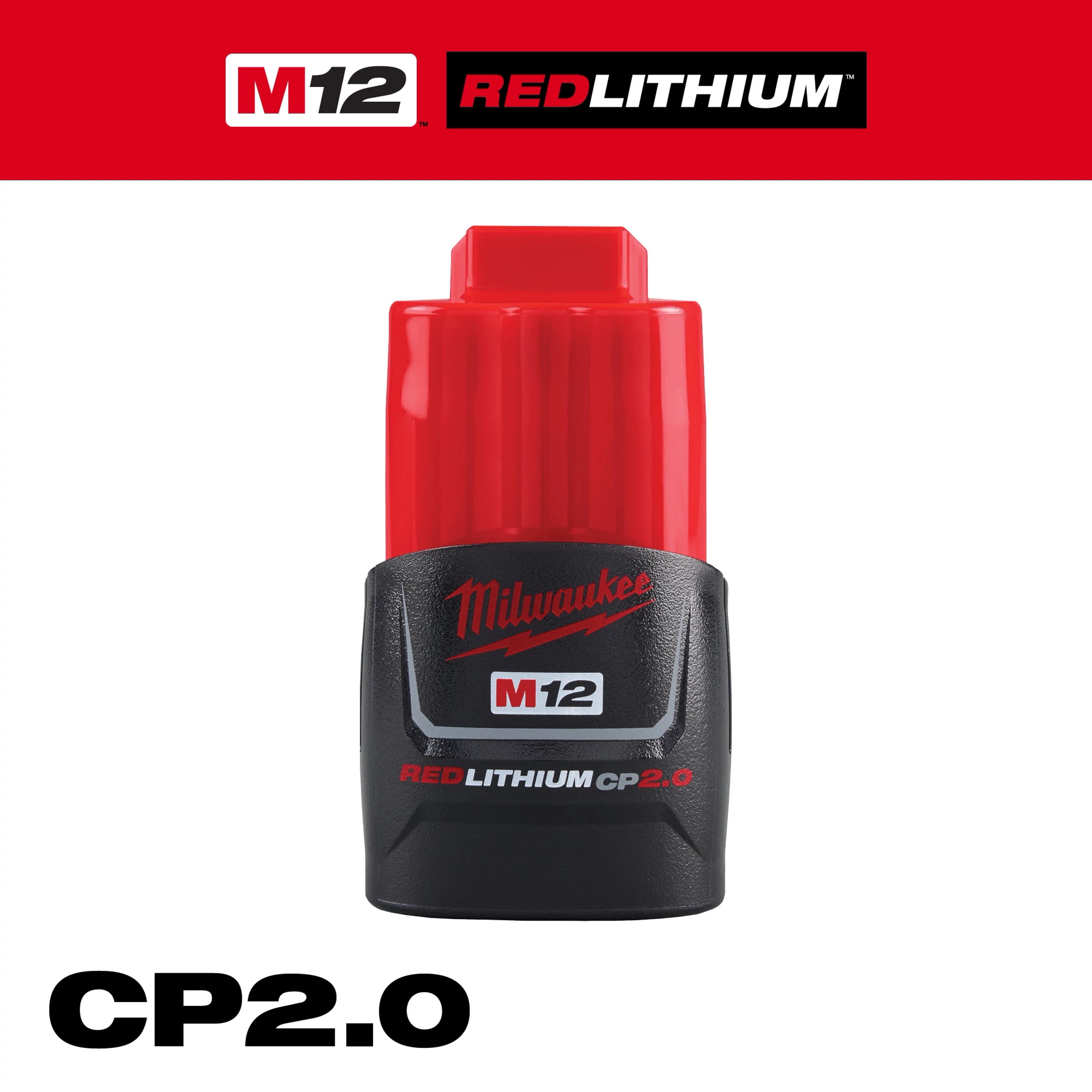 The image displays a Milwaukee M12™ REDLITHIUM™ CP2.0 Battery. The battery has a red top and a black base with branding text in red and white. The product name, "M12™ REDLITHIUM™ CP2.0," appears on the battery body and in the surrounding graphic elements.