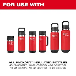 PACKOUT Sip Lid For Insulated Bottles is compatible with six different sizes of red insulated bottles with black lids.