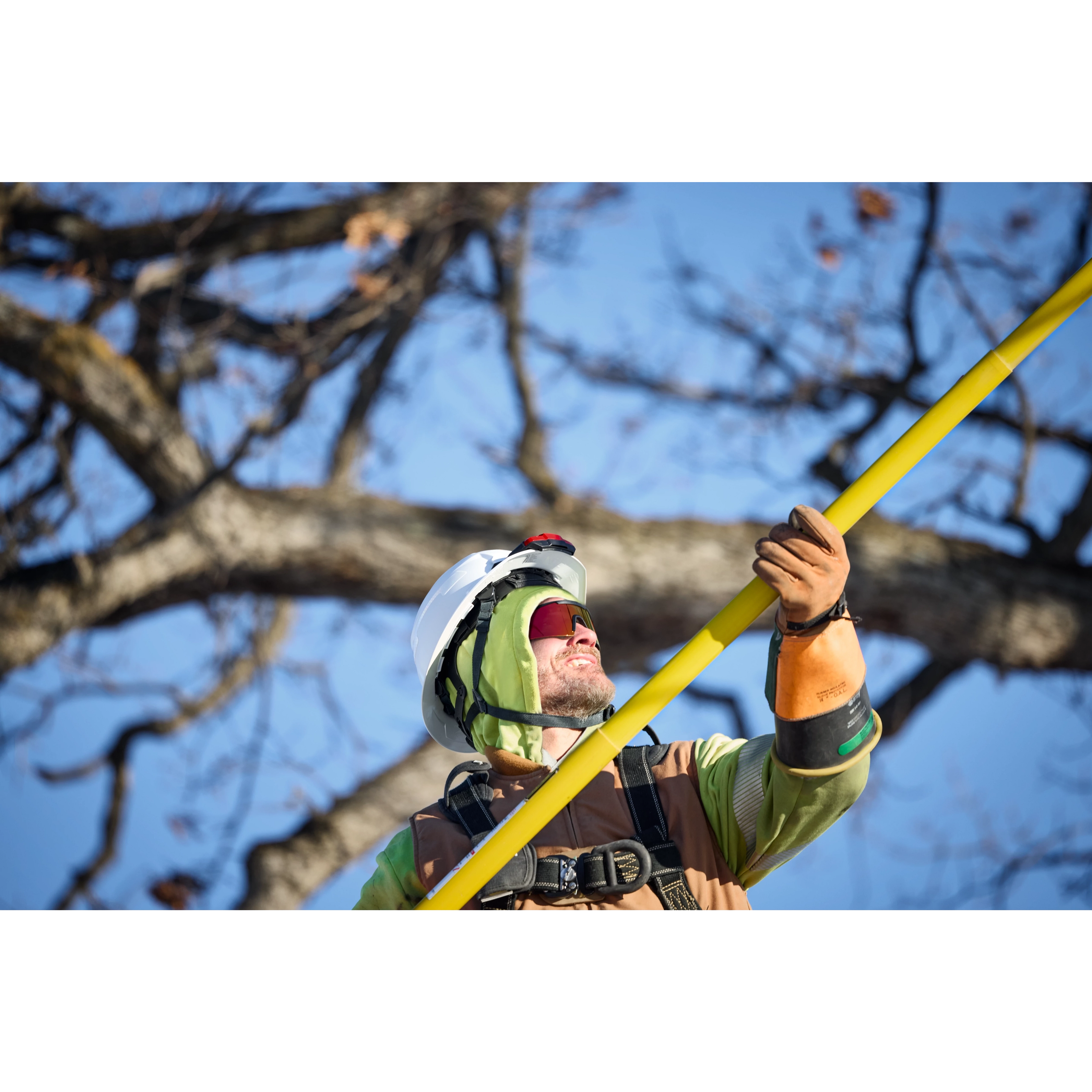 Worker wearing safety gear uses BOLT Personal Voltage Detector on a utility pole, with trees and blue sky in the background.