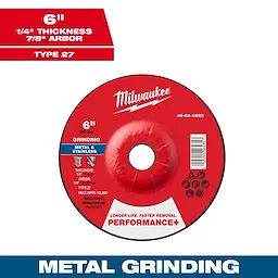 Red 6-inch Performance+ Metal Grinding Wheel (Type 27) with 1/4-inch thickness and 7/8-inch arbor hole. Suitable for metal and stainless steel.
