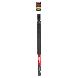 The SHOCKWAVE™ Impact Duty 1/4” and 5/16” x 6” QUIK-CLEAR™ 2-in-1 Magnetic Nut Driver by Milwaukee is a dual-ended tool featuring a long, slim shaft with magnetic 1/4-inch and 5/16-inch drivers. The tool has red and black branding around the shaft for clear identification.