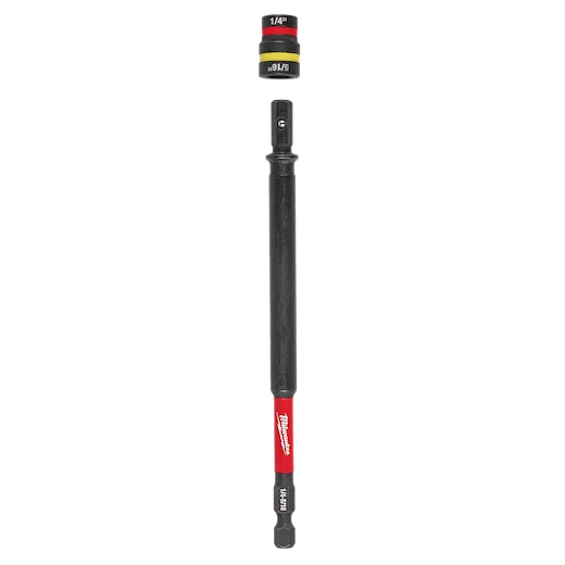 The SHOCKWAVE™ Impact Duty 1/4” and 5/16” x 6” QUIK-CLEAR™ 2-in-1 Magnetic Nut Driver by Milwaukee is a dual-ended tool featuring a long, slim shaft with magnetic 1/4-inch and 5/16-inch drivers. The tool has red and black branding around the shaft for clear identification.