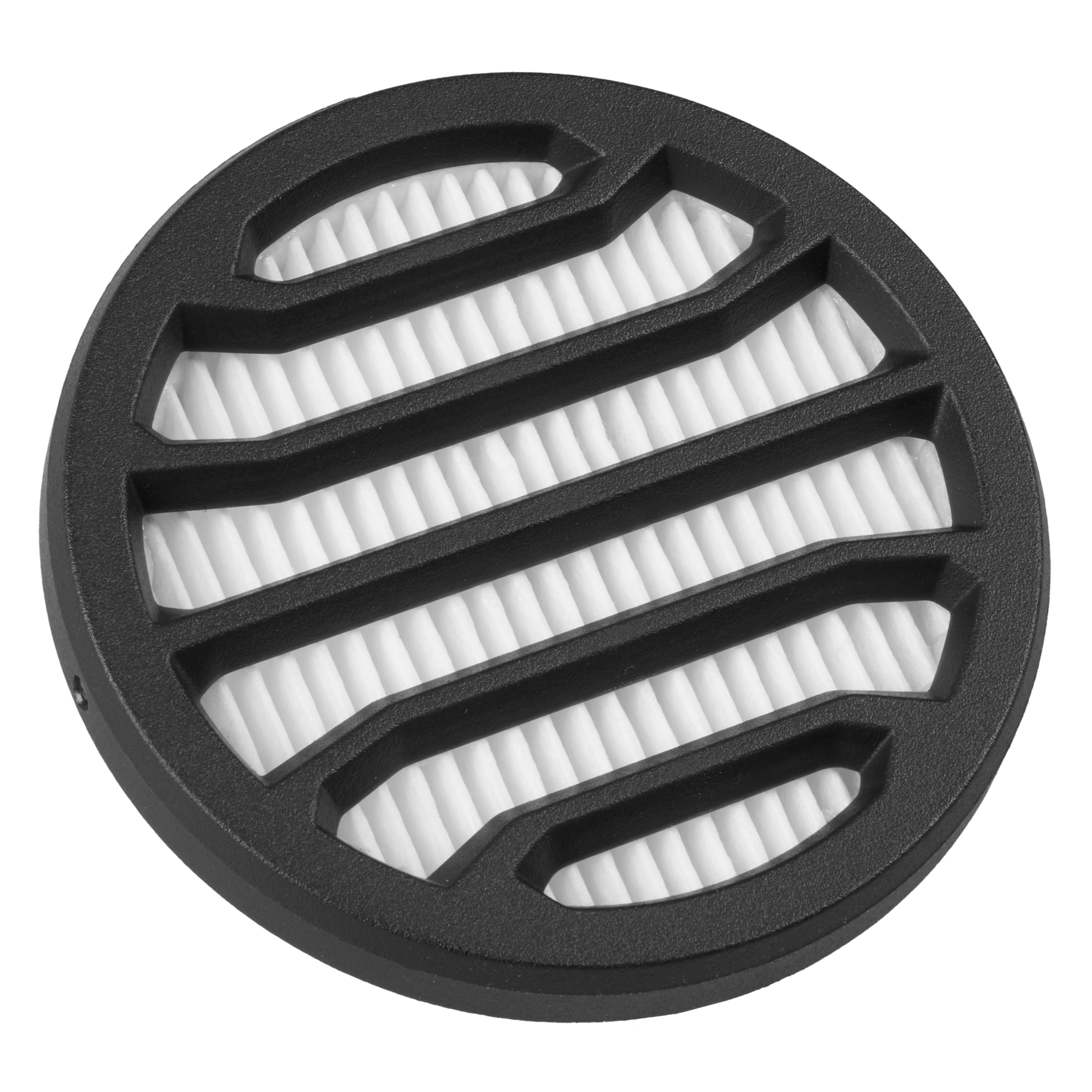 Black circular Inlet Filter with a white, ribbed internal section covered by a grid-like pattern.
