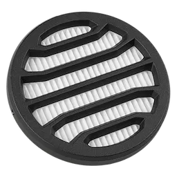 Black circular Inlet Filter with a white, ribbed internal section covered by a grid-like pattern.