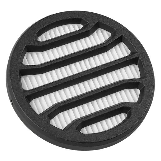 Black circular Inlet Filter with a white, ribbed internal section covered by a grid-like pattern.