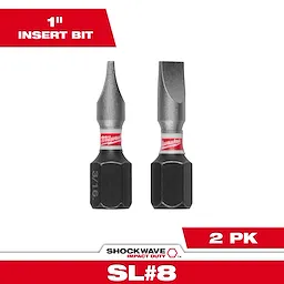 The image shows two Milwaukee SHOCKWAVE™ 1" Impact Duty Slotted 3/16" Insert Bits (2 PK) standing upright. The bits have hexagonal black bases and metallic slotted tips, with "3/16" labeled on the left bit. Text indicates they are 1" insert bits and sold in a 2 pack.