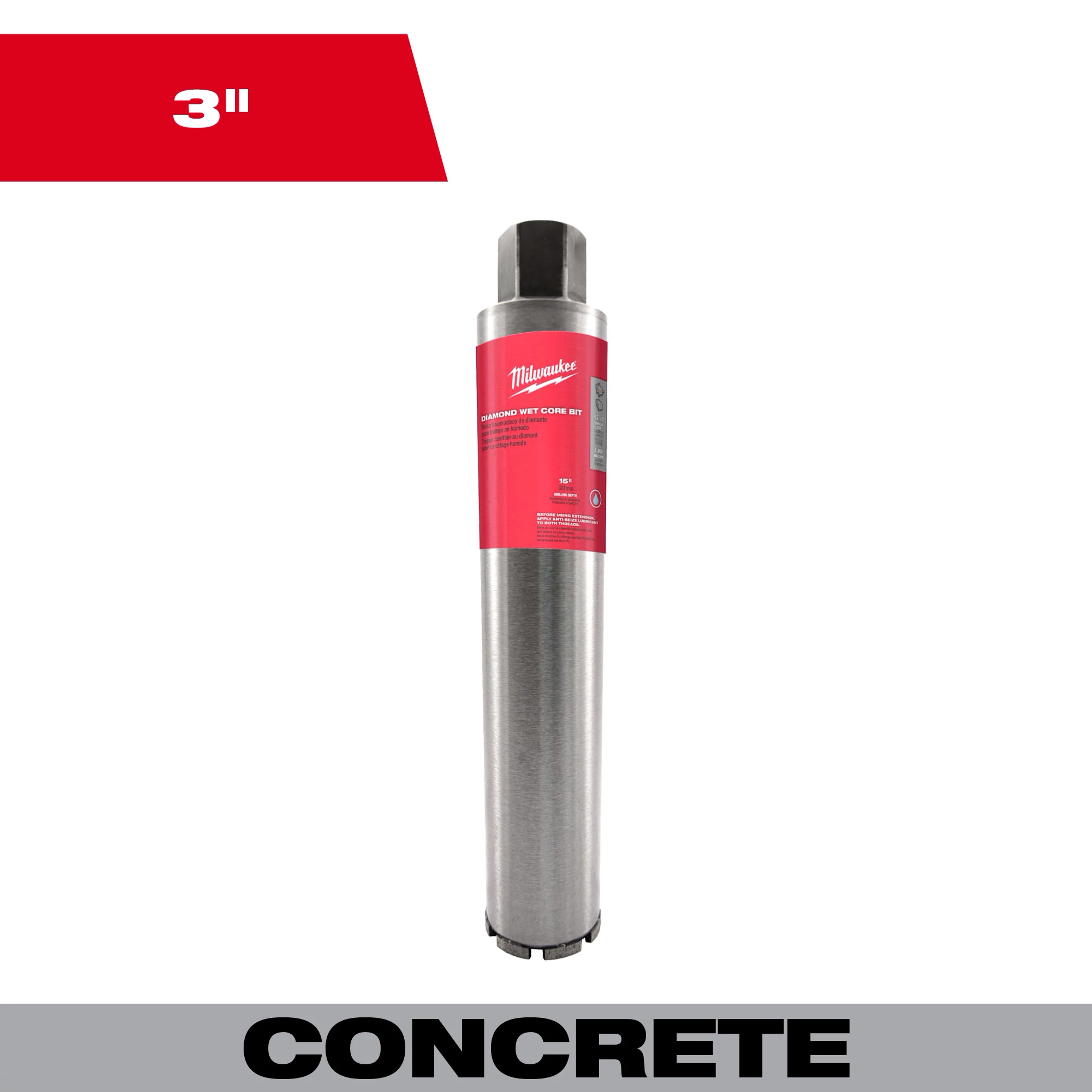3" Diamond Wet Core Bit for concrete drilling has a cylindrical shape with a metallic body and a red label.