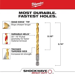 The Shockwave 7/32 in. Titanium Drill Bit features a quad edge tip for longevity, a variable helix for faster material removal, and a thicker tapered web for added strength. The dimensions are 2.32 inches and 3.74 inches. It is labeled as the most durable and fastest for drilling holes.
