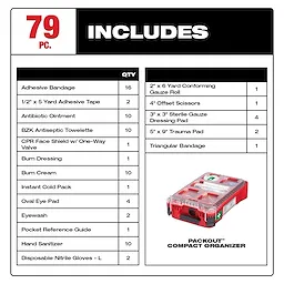 79PC Class A Type III PACKOUT First Aid Kit includes adhesive bandages, gauze rolls, ointments, cold packs, CPR shield, and more.