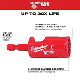 Milwaukee 7/8" Diamond Max Hole Saw Bit with 1/4" hex shank and increased diamond exposure for faster starts and unmatched cuts in porcelain.