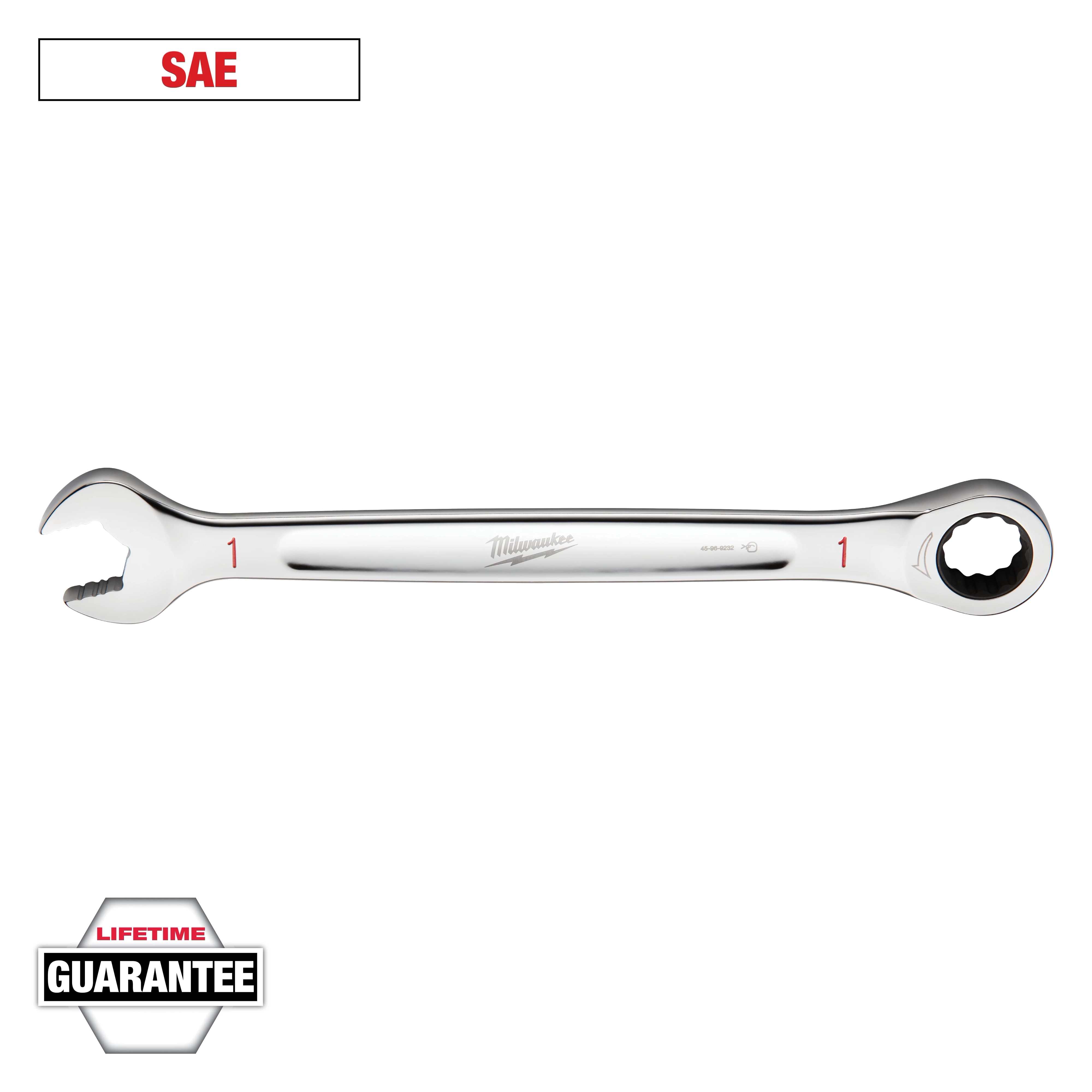 The image shows a shiny Milwaukee SAE combination wrench with an open-end and a ratcheting box-end, marked with the number "1." The wrench comes with a lifetime guarantee. Labels "SAE" and "LIFETIME GUARANTEE" are also displayed.