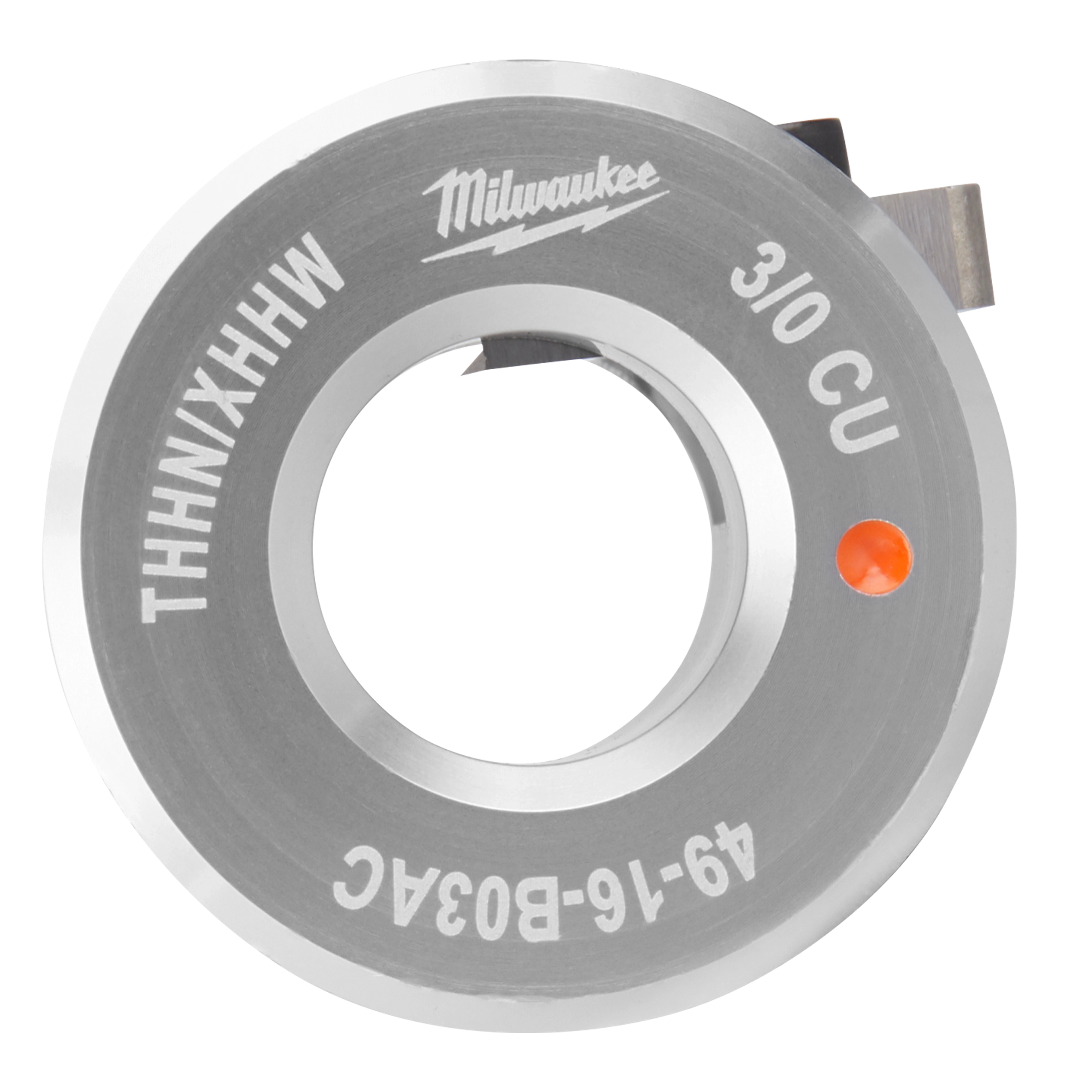 Milwaukee 310 CU Circular Blade with THHNXHHW and 49-16-8034C text, featuring a central hole and orange indicator dot.
