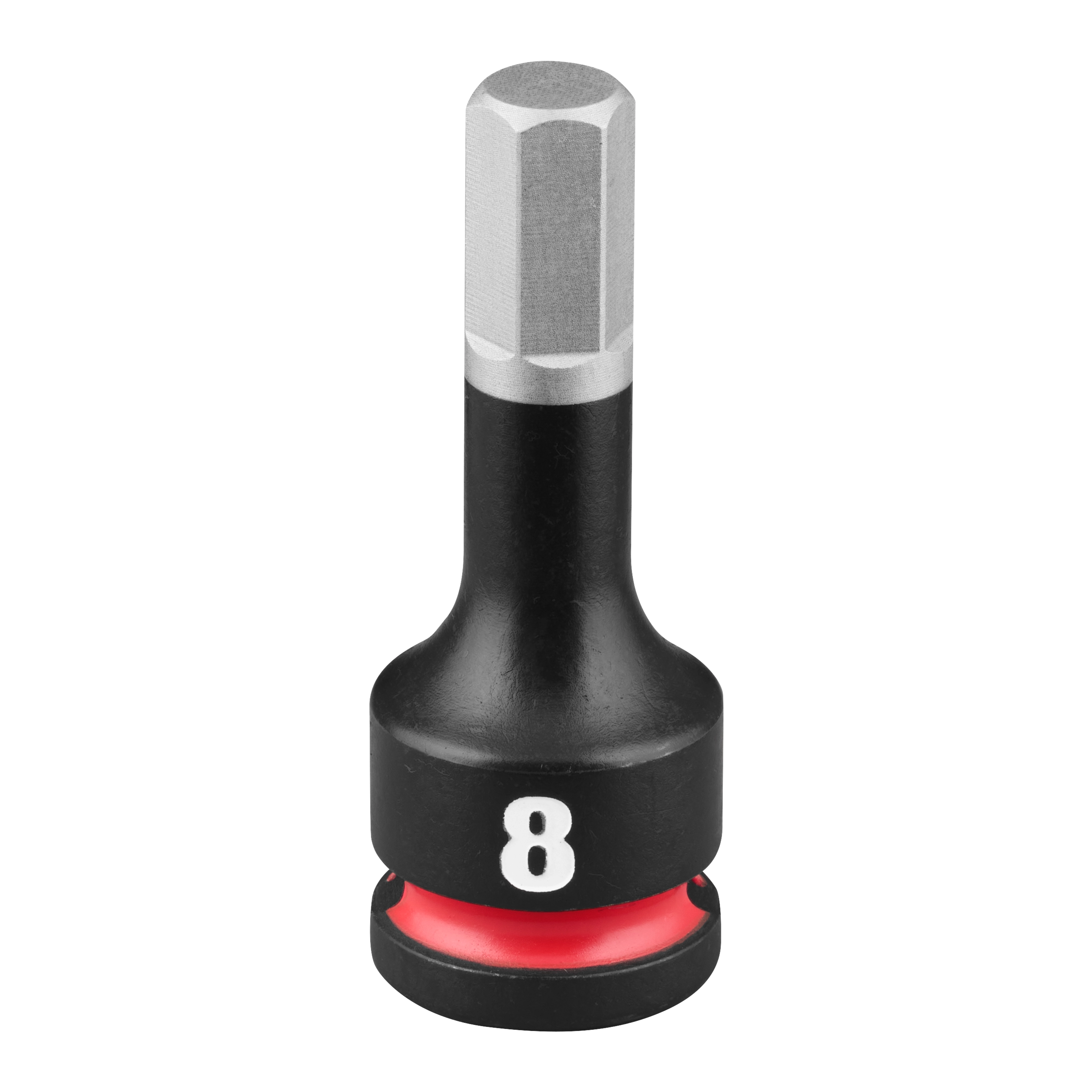 The bit socket has a black and silver finish, with a white number 8 on a black ring and a red ring below it.