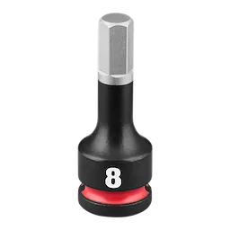 The bit socket has a black and silver finish, with a white number 8 on a black ring and a red ring below it.
