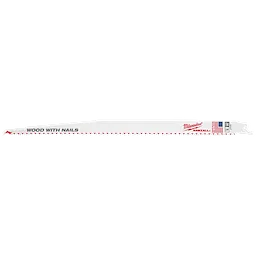 12" 5 TPI SAWZALL® Blade for Wood with Nails Bulk is a white reciprocating saw blade with red and black text. The teeth are designed to cut wood containing metal nails. The blade features the American flag and is branded with the manufacturer's logo in red on the right side.