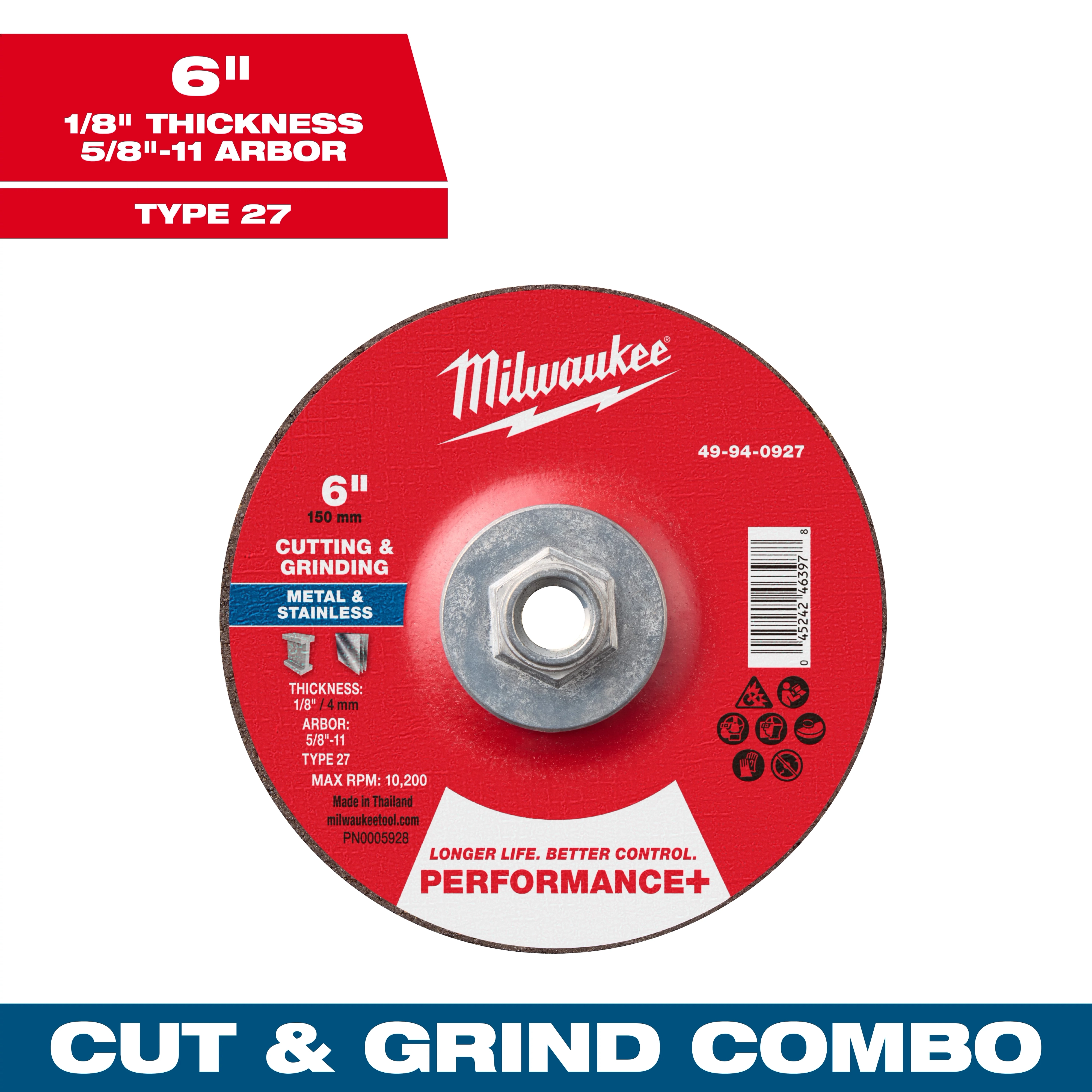 Red 6" Performance+ dual metal cut and grind wheel Type 27 with a 1/8" thickness, 5/8"-11 arbor, designed for metal and stainless.