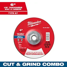 Red 6" Performance+ dual metal cut and grind wheel Type 27 with a 1/8" thickness, 5/8"-11 arbor, designed for metal and stainless.