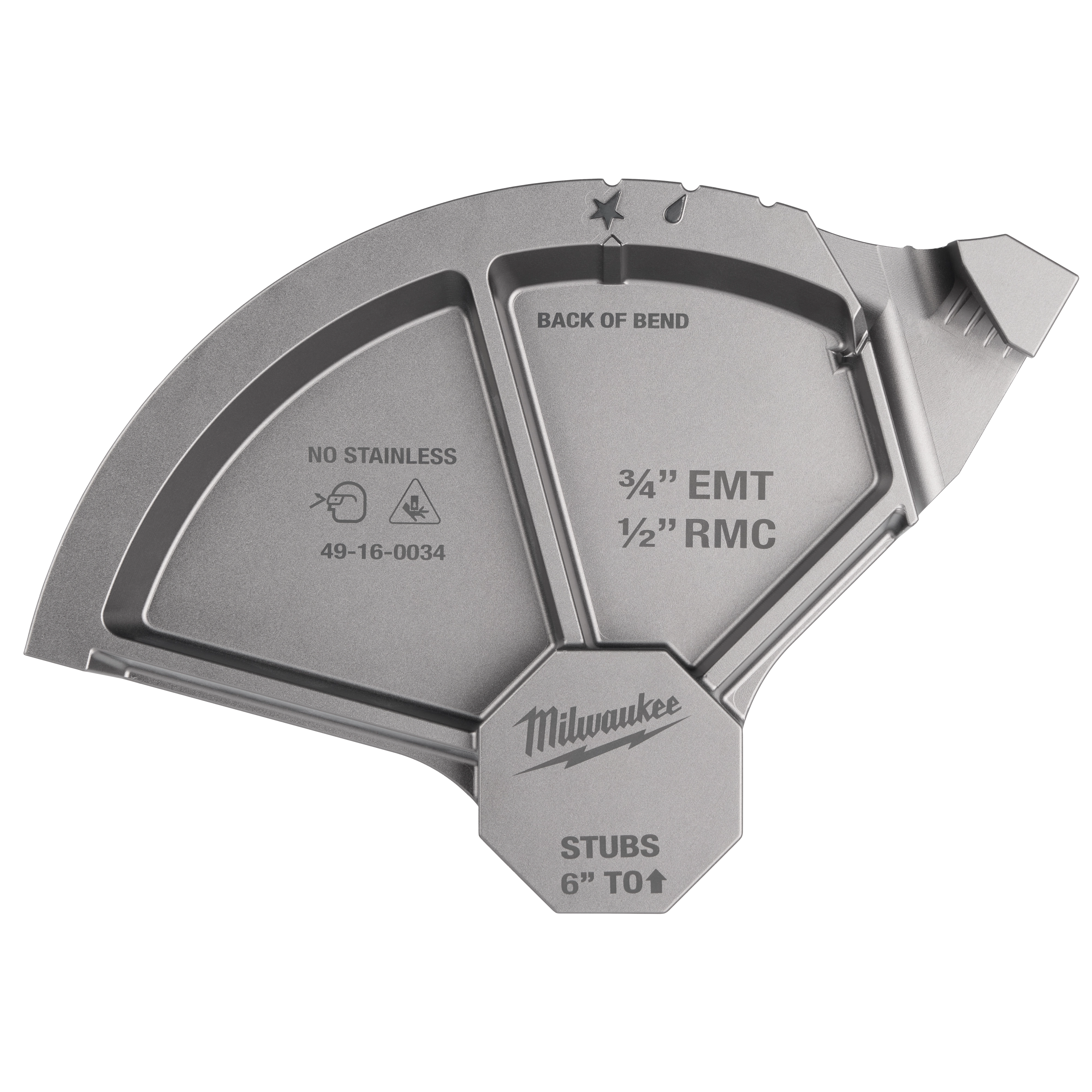 The image shows a metallic Milwaukee conduit bender head with labeled measurement markings: "3/4'' EMT," "1/2'' RMC," "STUBS 6'' TO ↑," and a note "NO STAINLESS." It includes the part number "49-16-0034" and the word "MILWAUKEE" in the center.