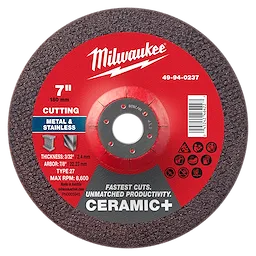 7" x 3/32" x 7/8" Ceramic+ Metal Cut Off Wheel -Type 27 for cutting metal and stainless, with a max RPM of 8,600.