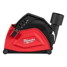 The 5" Cutting Dust Shroud by Milwaukee features adjustable settings for various cutting depths. It features a connection point for a dust extraction system and is designed to minimize dust generation during cutting tool use.