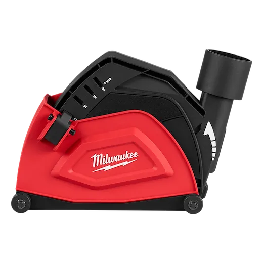 The 5" Cutting Dust Shroud by Milwaukee features adjustable settings for various cutting depths. It features a connection point for a dust extraction system and is designed to minimize dust generation during cutting tool use.