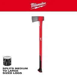 36" Splitting Axe with red handle, designed for splitting medium to large logs. The axe has a black grip and a silver blade.